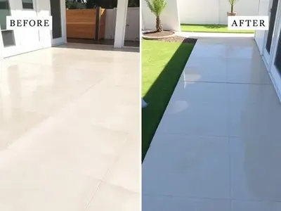 Clean concrete patio and walkway after professional cleaning