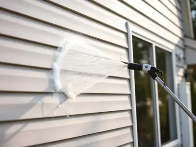 Soft washing a home exterior siding gently with specialized equipment