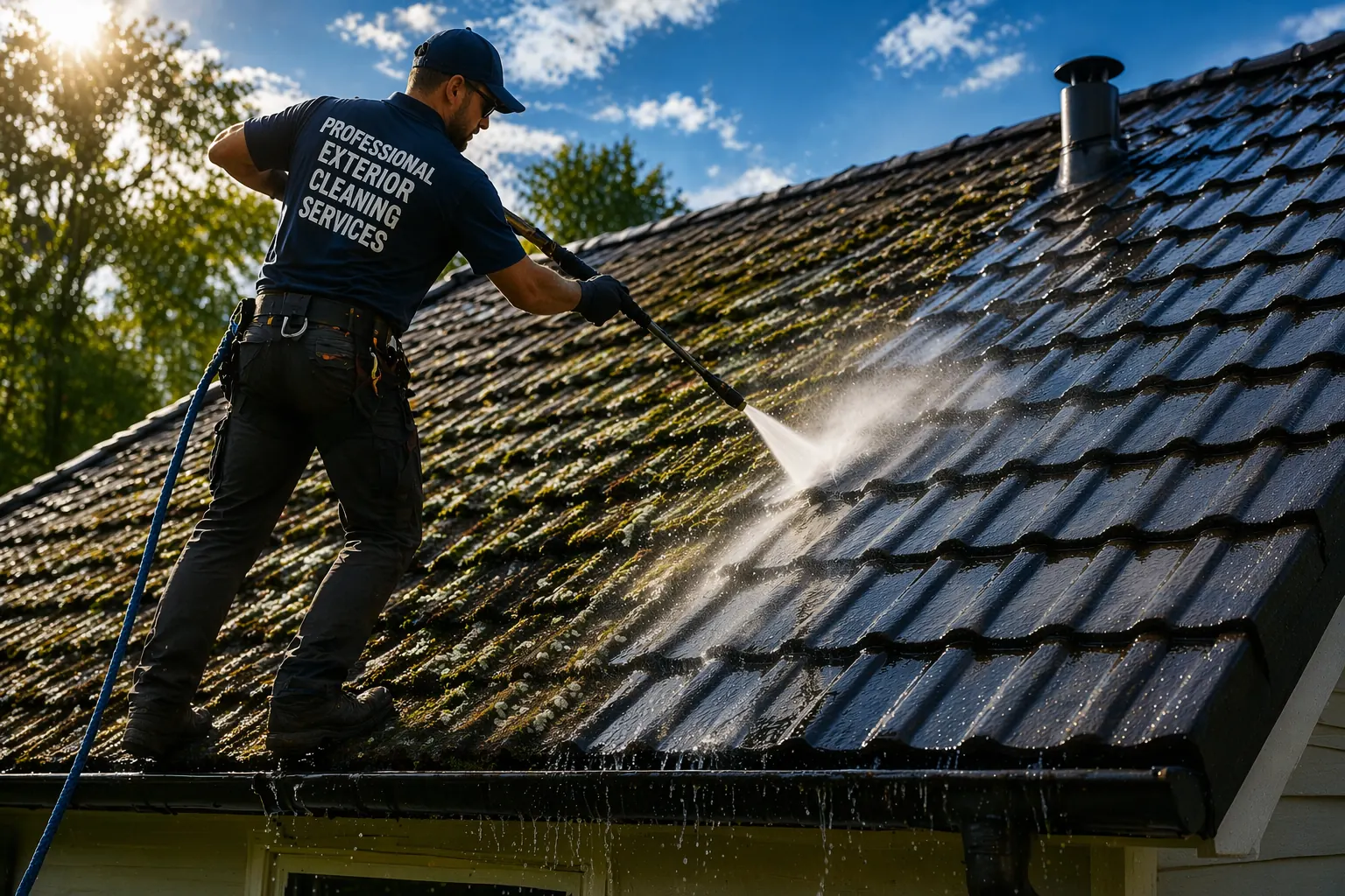 Professional exterior cleaning service on a modern San Jose home